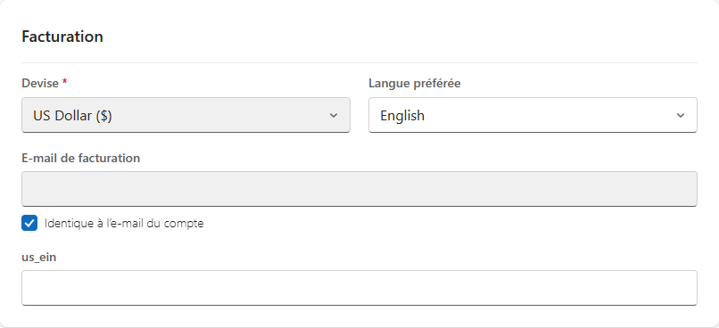 Paramètres de devise dans la section Billing