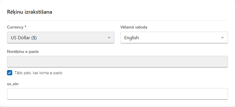 Valūtas iestatījumi sadaļā Billing