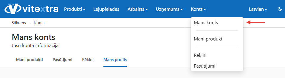 Izvēlne Account → My Profile