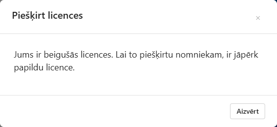 Licences piešķiršanas dialoglodziņš