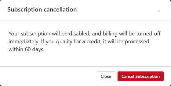 Cancel Subscription. Confirmation Dialog