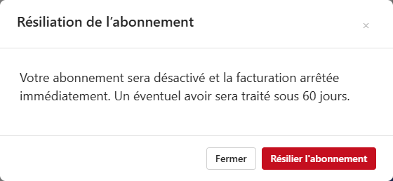 Résiliation de l'abonnement. Boîte de dialogue de confirmation