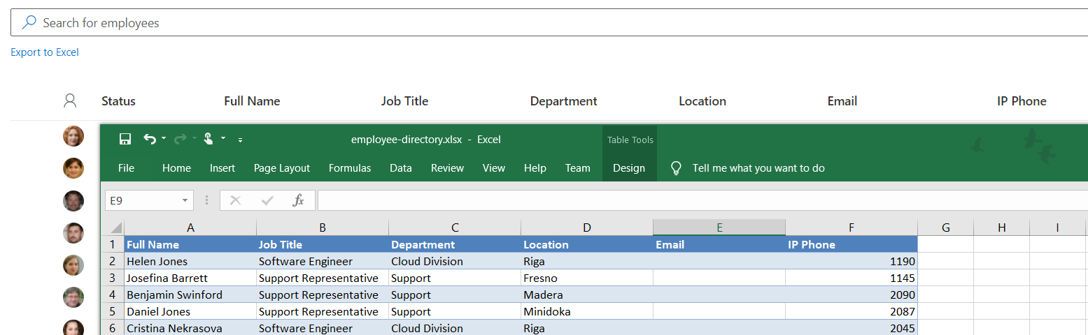 Exported list of Employees