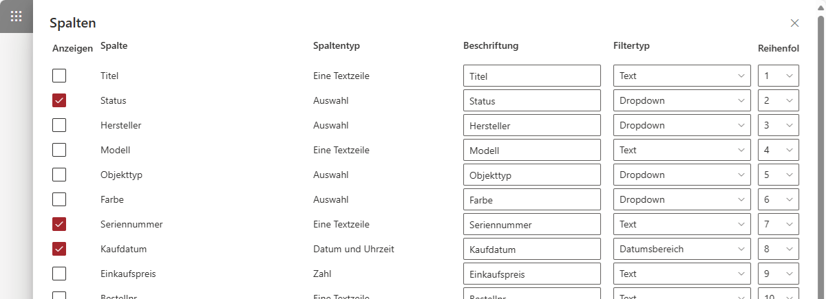 Liste Filter Filterbereich Spalten Einstellungen