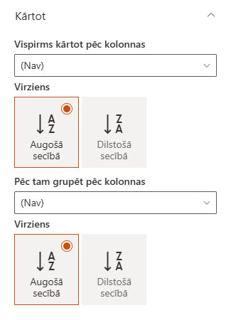 List Filter kārtošanas iestatījumi