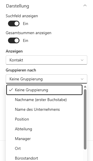 Ansichten wechseln und Ergebnisse gruppieren