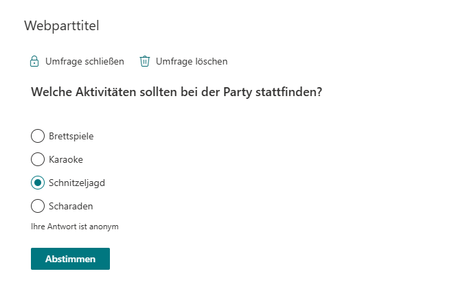 Die konfigurierte Umfrage auf einer veröffentlichten Seite