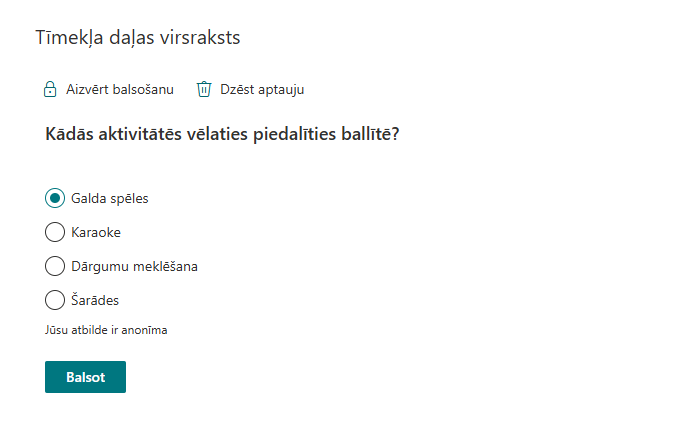 Konfigurēta aptauja publicētā lapā