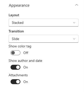 The Appearance group in the property pane