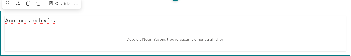 Le composant WebPart en mode Édition sans annonce active