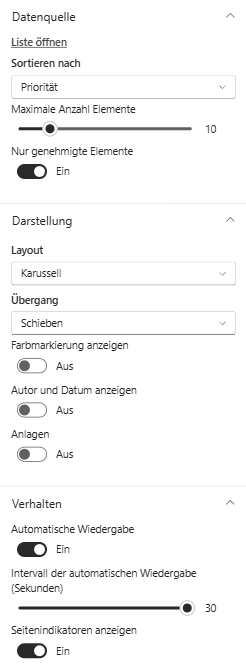 Der Eigenschaftenbereich des Webparts