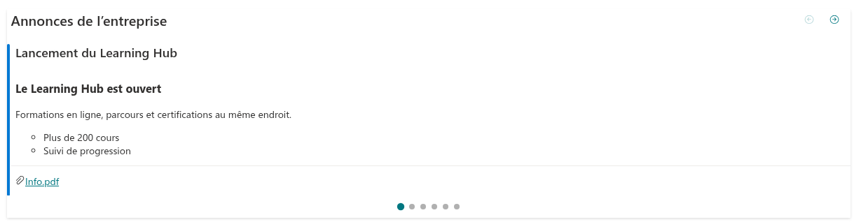Le composant WebPart Announcements Carousel sur une page