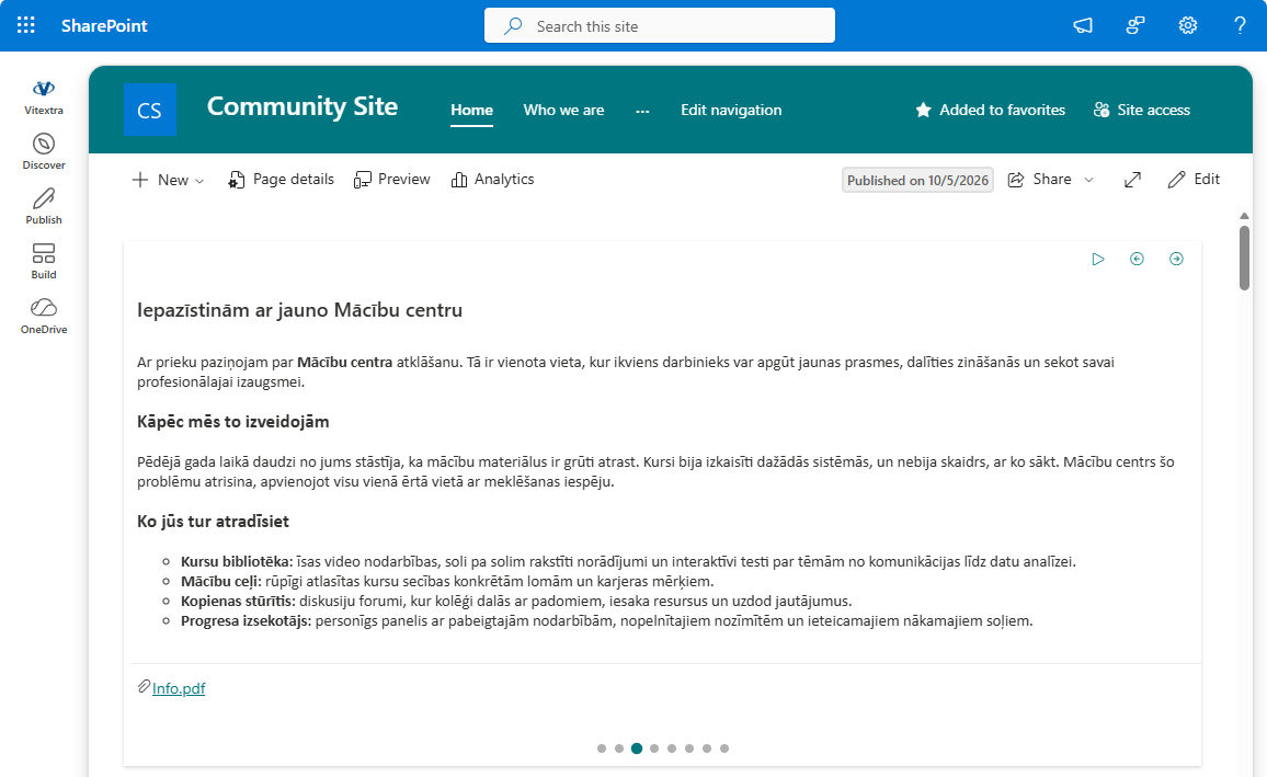 Tīmekļa daļa Announcements Carousel lapā