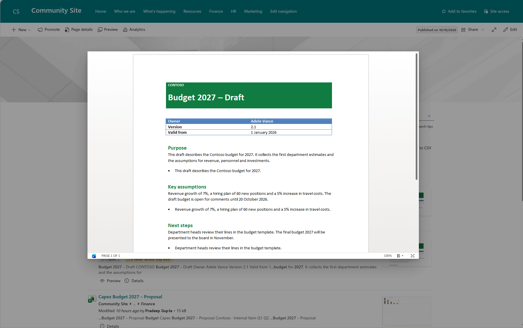 Previewing a document from the search results