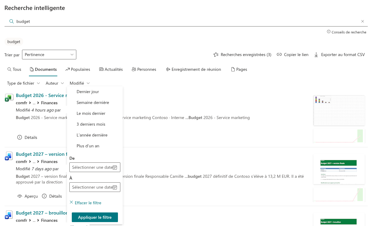 Le filtre de date Modified avec périodes rapides et plage personnalisée