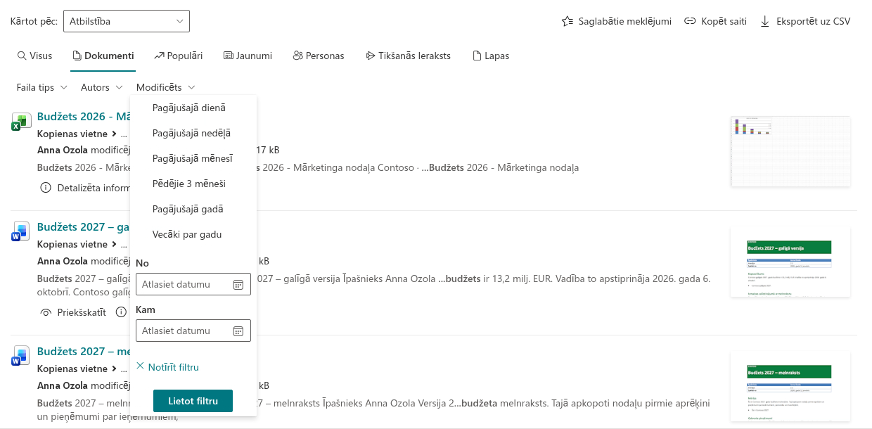 Filtrs pēc modificēšanas datuma ar ātrajiem periodiem un pielāgotu diapazonu
