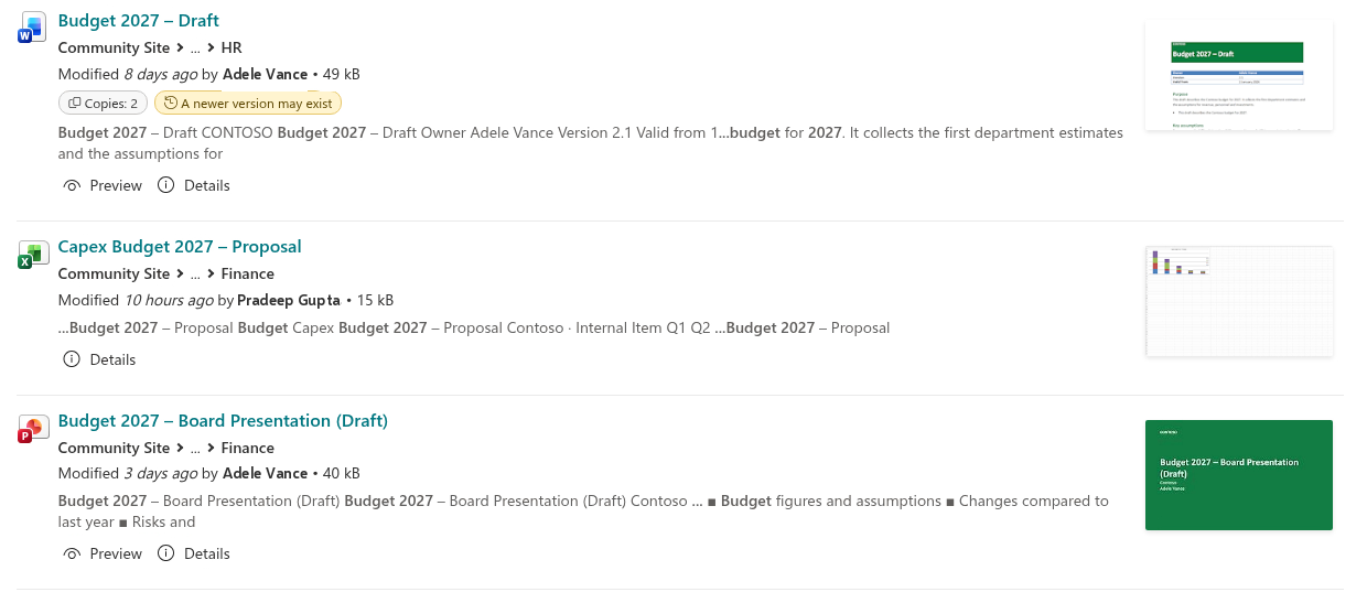 Search results in the rich layout with view analytics