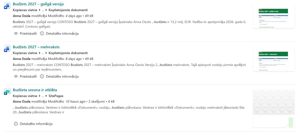 Meklēšanas rezultāti detalizētā izkārtojumā ar skatījumu analītiku