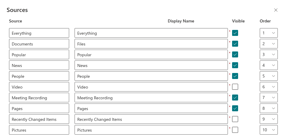 Configuring search source tabs