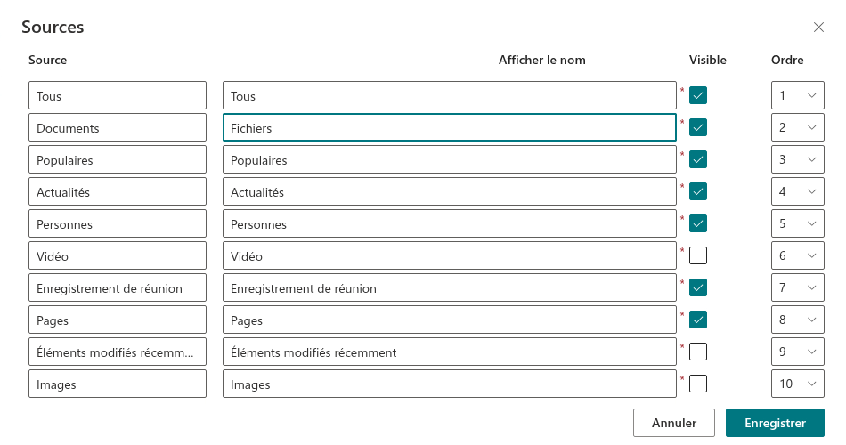 Configuration des onglets de sources de recherche