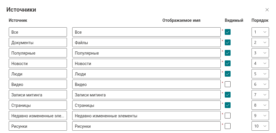 Настройка вкладок источников поиска