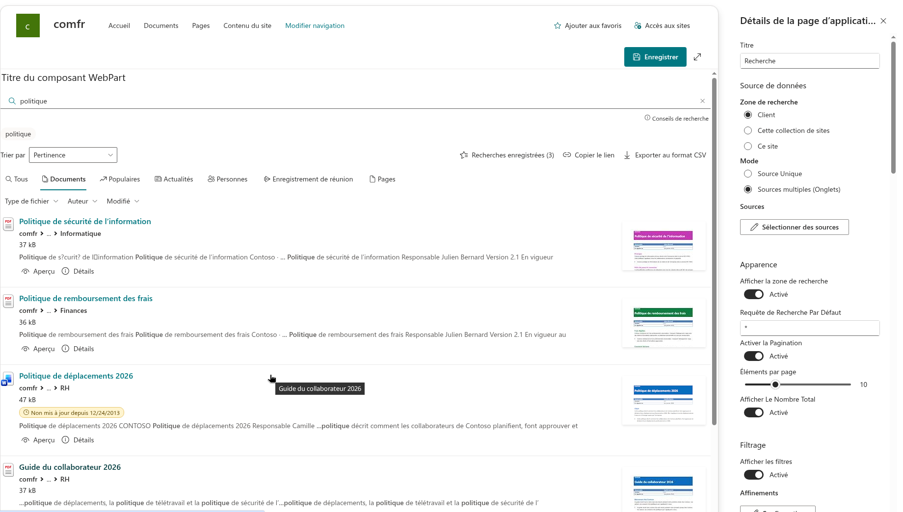 La page d'application en mode édition avec le volet des propriétés ouvert