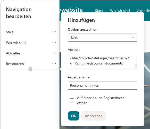 Einen Link zu einer fertigen Suche zur Websitenavigation hinzufügen