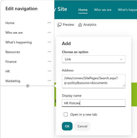 Adding a link to a ready-made search to the site navigation
