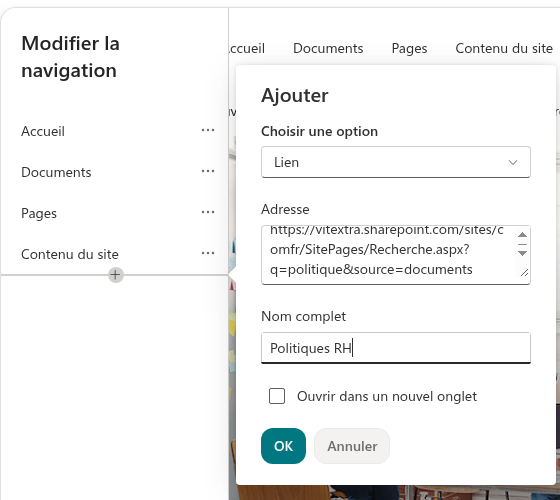Ajout d'un lien vers une recherche prédéfinie dans la navigation du site