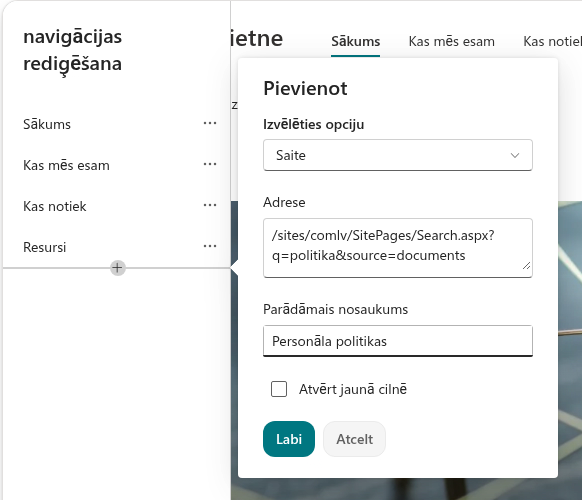 Saites uz gatavu meklēšanu pievienošana vietnes navigācijai