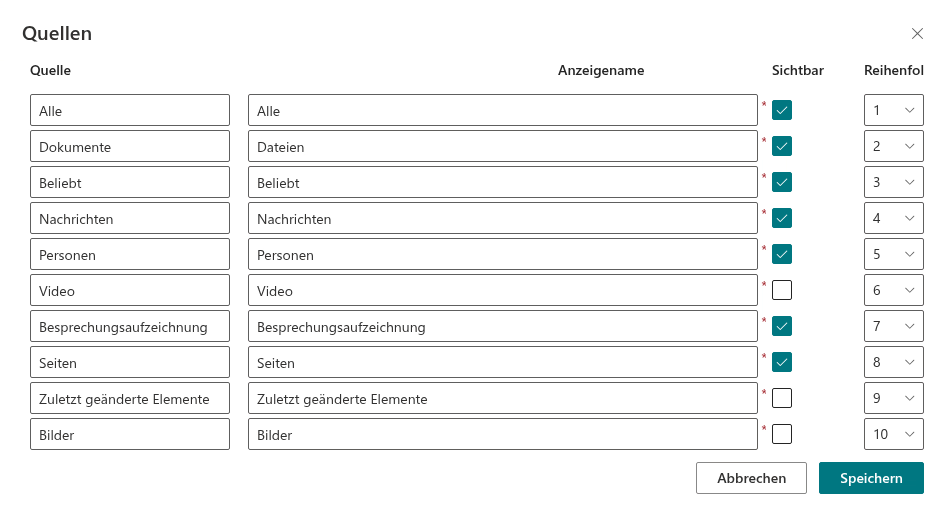 Registerkarten im Bereich „Quellen“ konfigurieren