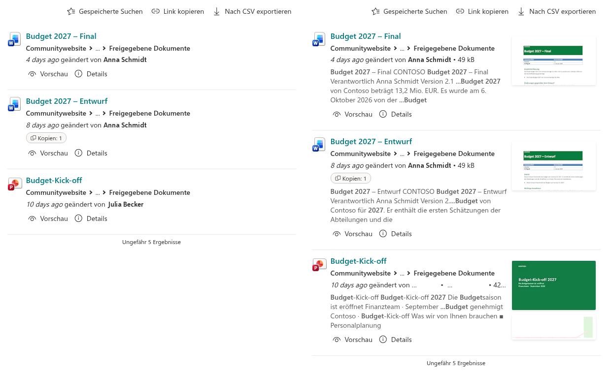 Kompaktes und ausführliches Layout derselben Ergebnisse