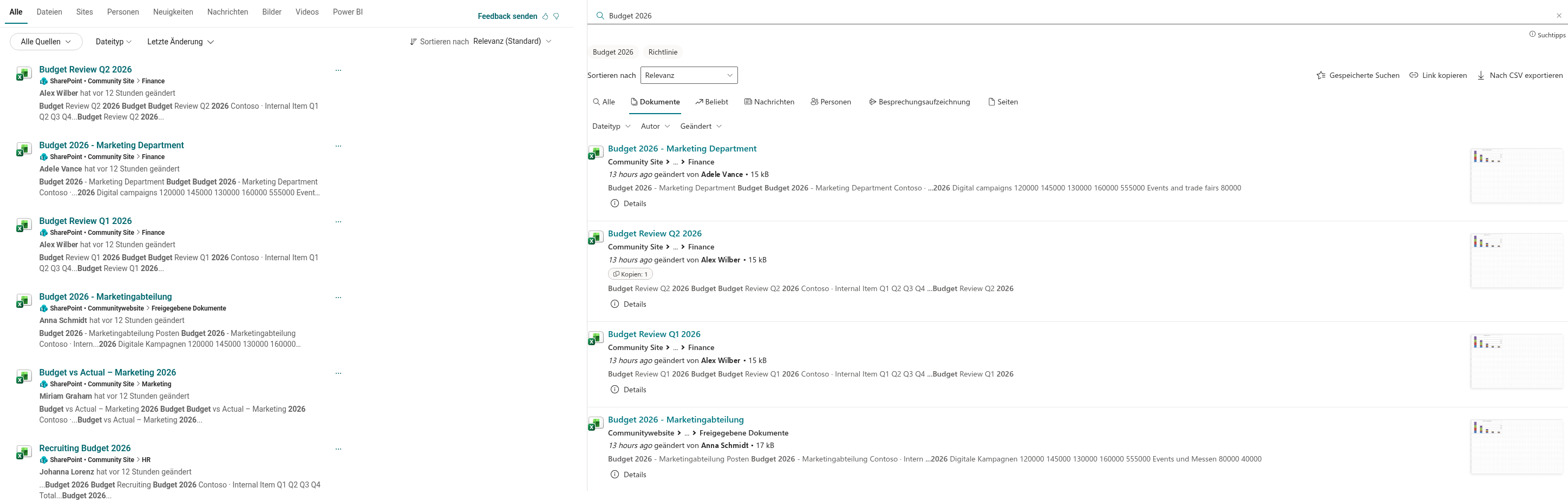 Dieselbe Abfrage in der integrierten Suche und in Smart Search