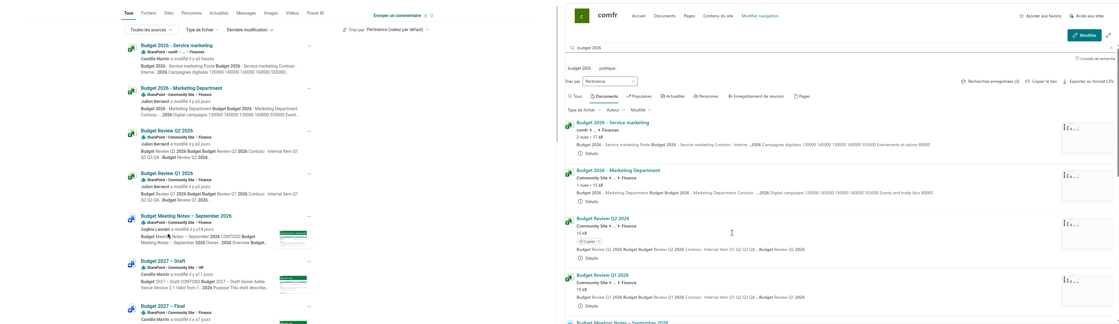 La même requête dans la recherche intégrée et dans Smart Search