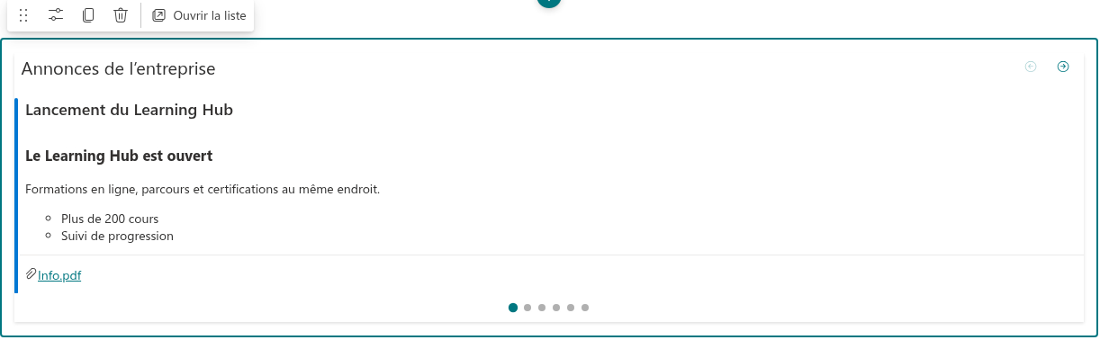 Le bouton Open List dans la barre d'outils du composant WebPart