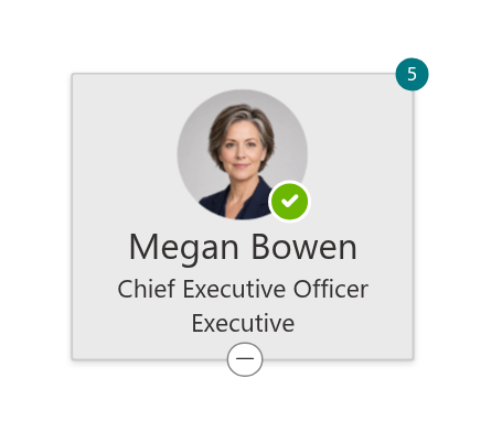 An employee card with photo, presence and direct reports badge