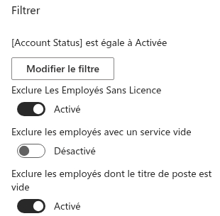 Les commutateurs d'exclusion du groupe Filter