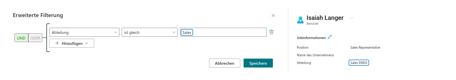 Eine Filterbedingung, die nicht mit dem Profilattribut übereinstimmt
