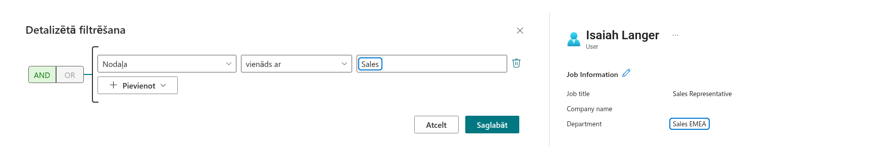 Filtra nosacījums, kas neatbilst profila atribūtam