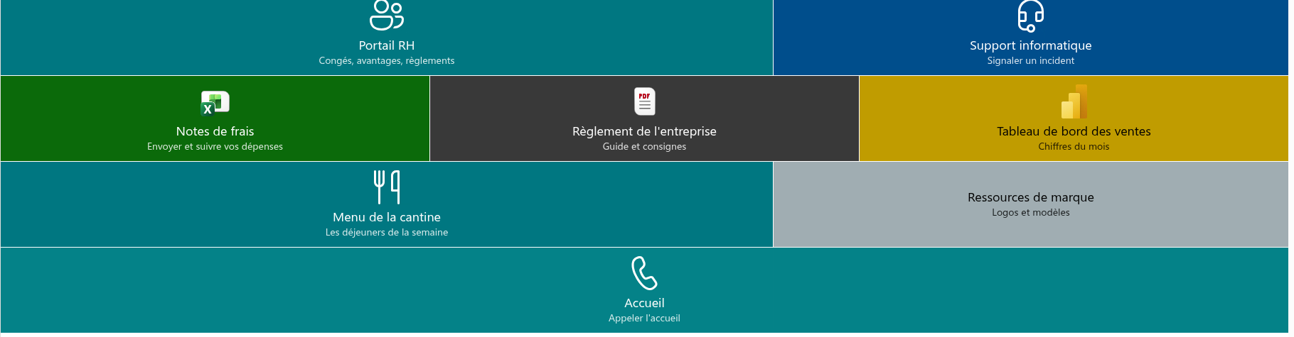 Un panneau de navigation Smart Tiles sur une page SharePoint Online