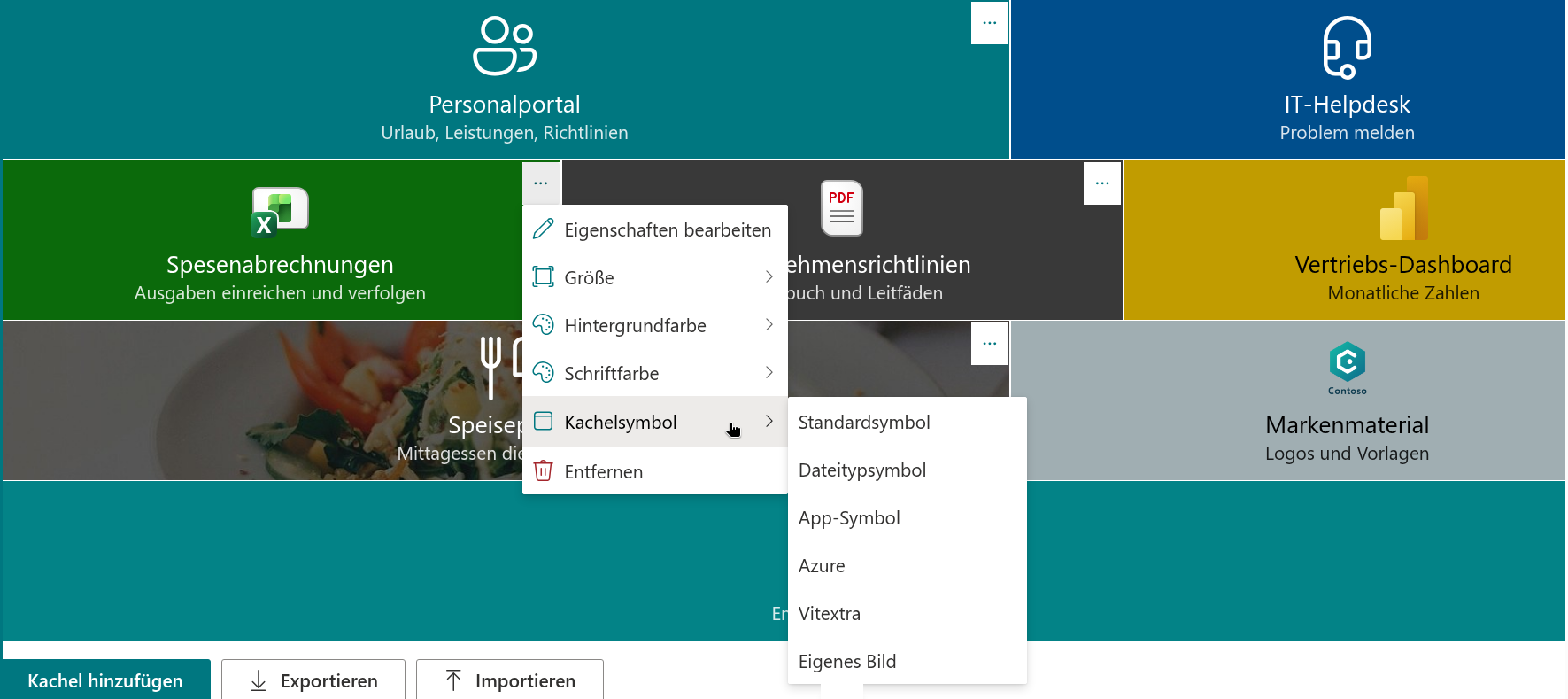Das Kontextmenü einer Kachel im Bearbeitungsmodus