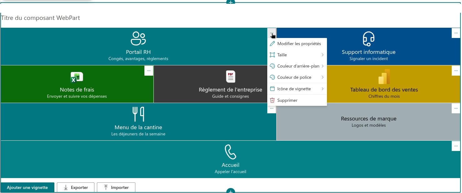 Le menu contextuel d'une vignette en mode édition