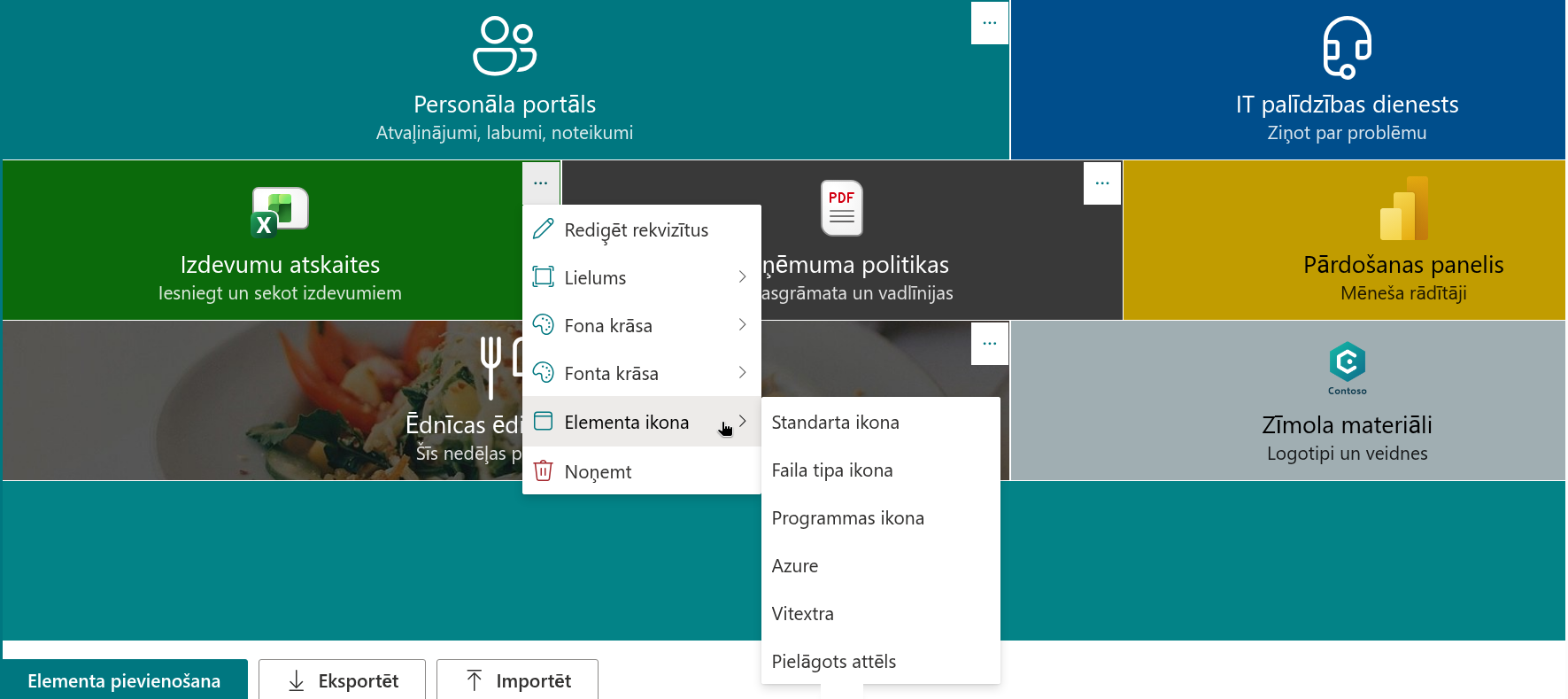 Elementa kontekstizvēlne rediģēšanas režīmā