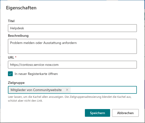Das Dialogfeld Eigenschaften einer Kachel
