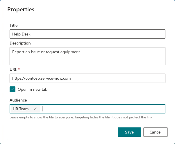 The Properties dialog of a tile