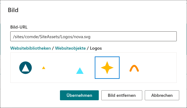 Das Dialogfeld Bild mit einem aus der Bibliothek Site Assets ausgewählten Logo
