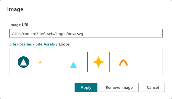 The Image dialog with a logo picked from the Site Assets library