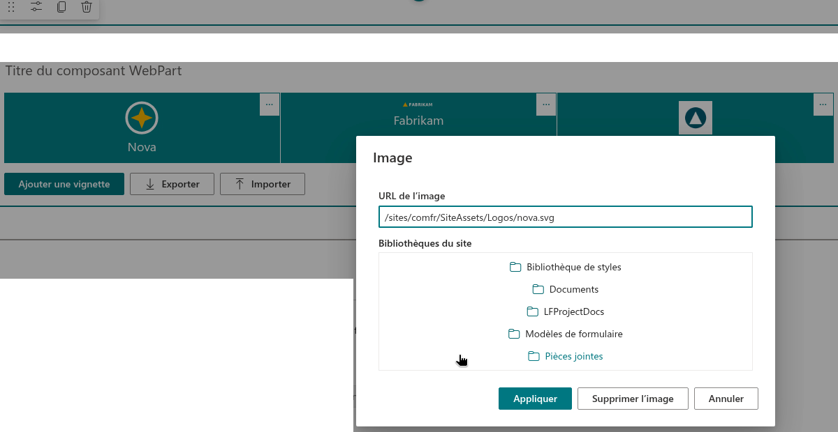 La boîte de dialogue Image avec un logo choisi dans la bibliothèque Site Assets