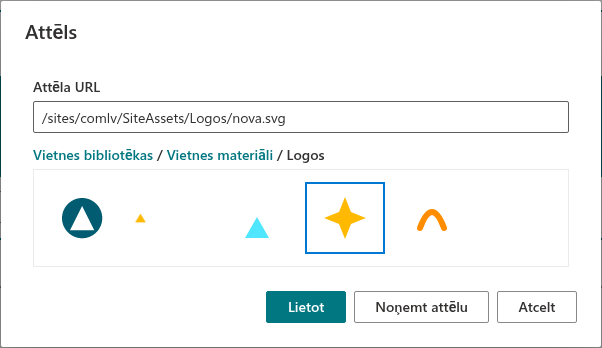 Dialogs «Attēls» ar logotipu, kas izvēlēts no bibliotēkas Site Assets