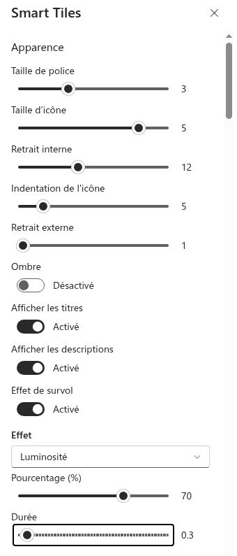 Les paramètres de l'effet au survol